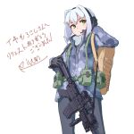  1girl ar-15 backpack bag bangs black_gloves blue_hair blue_jacket blue_pants camouflage camouflage_jacket closed_mouth commission gloves green_eyes gun headphones highres jacket long_sleeves looking_at_viewer medium_hair original pants rifle rivun simple_background skeb_commission solo weapon white_background winter_clothes 