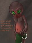  alien anthro bodily_fluids book dark_one dialogue foulex green_eyes hi_res male metro:_last_light metro_2033 navel shy slim solo tears young 