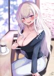  1girl arm_support bangs between_breasts black_shirt blurry blurry_background blush breasts cleavage coffee collarbone commentary_request condom condom_wrapper cup ear_piercing gyaru hair_between_eyes heart heart-shaped_pupils highres kogal large_breasts long_hair looking_at_viewer necktie open_mouth original pants piercing purple_eyes saucer shirt simple_background sitting smile solo symbol-shaped_pupils valentine white_hair white_pants yuzuki_himuka 