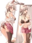  1girl animal_ears ass back bangs black_bra black_panties black_thighhighs blush bra breasts choker cleavage clothes_lift clouble collarbone embarrassed from_behind full-length_mirror grey_eyes grey_hair hair_ornament hairclip highres lace lace-trimmed_bra lace-trimmed_legwear lace_panties lace_trim large_breasts long_hair looking_at_viewer looking_back miniskirt mirror navel off_shoulder open_clothes open_mouth open_shirt panties pink_skirt plaid plaid_skirt pleated_skirt rabbit_ears rabbit_girl rabbit_tail red:_pride_of_eden reflection school_uniform shirt shy_(pride_of_eden) single_thighhigh skirt skirt_lift solo standing tail thighhighs underwear undressing white_shirt 