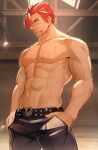  1boy abs alternate_costume bangs bara blood blood_from_mouth casual character_request cuts expressionless fate/grand_order fate_(series) feet_out_of_frame garage hands_in_pockets hidora_art highres injury large_pectorals looking_to_the_side male_focus muscular muscular_male nipples pectorals red_hair short_hair sideburns solo standing stomach sweat swept_bangs topless_male 
