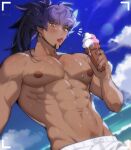  abs alternate_pectoral_size bad_deviantart_id bad_id blue_sky bright_pupils chariko cloud cloudy_sky dark-skinned_male dark_skin dripping facial_hair food ice_cream large_pectorals leon_(pokemon) licking long_hair male_focus male_swimwear melting muscular muscular_male ocean pectorals pokemon pokemon_(game) pokemon_swsh purple_hair sky swim_trunks veins white_pupils yellow_eyes 