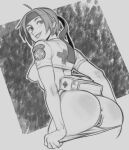  1girl ahoge anus ass bent_over breasts commentary crop_top cropped_legs effy_neprin english_commentary from_behind greyscale headband medium_breasts monochrome nipples panties panty_pull parted_lips pouch pussy rebecca_chambers resident_evil resident_evil_2 short_hair sketch smile solo underwear upper_body 