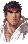  1boy black_hair blonde_hair cropped_shoulders dougi forked_eyebrows headband lips looking_to_the_side male_focus muscular muscular_male ryu_(street_fighter) short_hair solo street_fighter thick_eyebrows veins yuiofire 