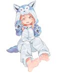  1girl animal_ears bangs barefoot blush chaosexceed fake_animal_ears fake_tail feet highres looking_at_viewer onesie onii-chan_wa_oshimai! open_mouth oyama_mahiro simple_background soles solo tail teeth toes upper_teeth_only white_background zipper 