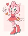  1girl amy_rose boots border cremanata dress furry furry_female gloves green_eyes heart highres looking_at_viewer open_mouth pink_dress pink_footwear simple_background sonic_(series) white_border white_gloves 