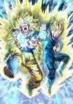  2boys absurdres angry aura bare_shoulders biceps blonde_hair blue_bodysuit blue_footwear blue_sash blue_shirt bodysuit boots clenched_teeth commentary_request dougi dragon_ball dragon_ball_z electricity energy energy_ball full_body gloves green_eyes hands_up highres incoming_attack long_hair looking_at_viewer male_focus mocky_art multiple_boys muscular muscular_male no_eyebrows open_mouth outstretched_arm sash shirt short_sleeves sleeveless sleeveless_bodysuit son_goku spiked_hair super_saiyan super_saiyan_2 super_saiyan_3 teeth tongue v-shaped_eyebrows vegeta white_footwear white_gloves 