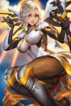  1girl ass blonde_hair blue_eyes breasts cloud cloudy_sky highres large_breasts looking_at_viewer mechanical_wings medium_hair mercy_(overwatch) neoartcore overwatch overwatch_2 paid_reward_available sky solo staff taut_clothes wings 