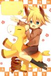  1boy :d animal_ears black_socks blonde_hair blue_eyes brown_hoodie brown_pants carrot floral_background floral_print highres hood hoodie horse horse_ears kagamine_len male_focus meranoreuka_(naokentak) messy_hair pants rocking_horse short_hair shorts smile socks vocaloid 