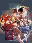  1girl 2boys black_hair blonde_hair bracelet breasts brown_eyes brown_hair bun_cover cherry_blossoms china_dress chinese_clothes chun-li double_bun dougi dress fighting_stance grin hair_bun headband highres jewelry ken_masters knee_up large_breasts multiple_boys muscular muscular_male pantyhose pectoral_cleavage pectorals pelvic_curtain ryu_(street_fighter) short_hair smile spiked_bracelet spikes street_fighter street_fighter_ii_(series) thighs yuiofire 