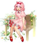  1girl :d animal_ears bench dated dress frills full_body giggles_(happy_tree_friends) happy_tree_friends highres humanization looking_at_viewer mary_felizola park_bench pink_dress pink_eyes pink_hair red_footwear short_sleeves signature sitting smile solo white_background 