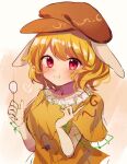  1girl animal_ears bangs blonde_hair blush breasts brown_headwear closed_mouth dango eating food frills hair_between_eyes hands_up hat heart highres holding holding_food looking_at_viewer medium_breasts moshihimechan one-hour_drawing_challenge orange_background orange_shirt rabbit_ears rabbit_girl red_eyes ringo_(touhou) shirt short_hair short_sleeves simple_background smile solo t-shirt touhou wagashi white_background 
