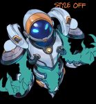  1boy astronaut astronaut_xerath black_background blue_skin claws colored_skin creature glowing glowing_eyes green_eyes hands_up league_of_legends magic phantom_ix_row simple_background solo space_helmet xerath 