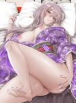  1girl arko_(acucs) ass bangs barefoot blush breasts breasts_out brown_eyes goddess_of_victory:_nikke grey_hair japanese_clothes kimono large_breasts long_hair long_sleeves looking_at_viewer lying nipples obi off_shoulder on_back pillow purple_kimono sash scarlet_(nikke) short_kimono smile solo thighs toes wide_sleeves 