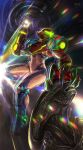  1girl absurdres alien alien_(movie) arm_cannon arm_up armor claws commentary danderfull drooling energy energy_ball english_commentary full_armor full_body helmet highres light_particles light_rays metroid metroid_dread open_mouth power_armor power_suit power_suit_(metroid) samus_aran science_fiction teeth weapon xenomorph 