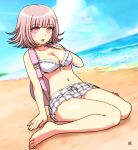  1girl animal backpack bag bangs bare_arms bare_legs bare_shoulders barefoot bikini bird blue_sky breasts cleavage cloud cloudy_sky commentary_request danganronpa_(series) danganronpa_2:_goodbye_despair day frilled_bikini frills hand_up highres horizon looking_at_viewer medium_breasts muu_(mumumer) nanami_chiaki navel ocean open_mouth outdoors pink_hair red_eyes signature sky solo swimsuit water white_bikini 