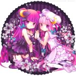  2girls bangs bare_shoulders black_corset blunt_bangs bow corset crescent crescent_hair_ornament crescent_hat_ornament garter_straps hair_bow hair_ornament hat_ornament holding_hands kneeling long_hair multiple_girls multiple_hair_bows multiple_persona n:go nail_polish open_mouth patchouli_knowledge purple_eyes purple_hair smile striped striped_thighhighs thighhighs touhou very_long_hair 