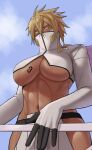  1girl abs arrancar artist_name black_gloves bleach blonde_hair blue_eyes breasts cleavage collarbone covered_mouth cropped_jacket dark-skinned_female dark_skin facial_mark gloves green_eyes gud0c hair_between_eyes hand_on_railing highres jacket large_breasts long_hair looking_at_viewer looking_to_the_side mask mouth_mask navel railing revealing_clothes solo tattoo tier_harribel toned underboob white_gloves white_jacket 