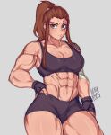  1girl abs bangs breasts brigitte_(overwatch) fingerless_gloves freckles gloves hand_on_hip hdhx highres large_breasts long_bangs looking_at_viewer muscular muscular_female orange_eyes orange_hair overwatch ponytail shorts solo sweat tank_top tattoo 