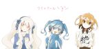  3girls :d aaniko alternate_hairstyle arms_at_sides black_shirt blue_bow blue_eyes blue_hair blue_hairband blue_ribbon blue_shirt bow breasts bright_pupils brown_eyes buttons clothes_writing collared_jacket collared_shirt colored_eyelashes commentary_request dot_nose dress emoji ene_(kagerou_project) facial_mark hair_between_eyes hair_bow hair_ribbon hairband jacket kagerou_project kanji kisaragi_momo kozakura_marry large_breasts long_hair looking_at_viewer mekakucity_actors multiple_girls negative_space open_mouth orange_hair pink_eyes pinstripe_pattern pinstripe_shirt popped_collar ribbon shirt short_sleeves simple_background sketch sleeves_past_fingers sleeves_past_wrists smile striped track_jacket turtleneck twintails two-tone_shirt upper_body very_long_sleeves wavy_hair white_background white_hair white_pupils white_shirt 