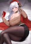  1girl azur_lane bangs bare_shoulders belfast_(azur_lane) belfast_(shopping_with_the_head_maid)_(azur_lane) belt black_skirt blue_eyes blush breasts brown_belt brown_sweater choker cleavage earrings feet_out_of_frame futon_fly_away grey_hair highres holding jewelry large_breasts long_hair long_sleeves looking_at_viewer lying official_alternate_costume on_side pantyhose parted_lips pillow red_headwear skirt smile solo sweater thighs 