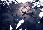  2girls absurdres blue_hair choker commentary_request cowboy_shot earrings fingerless_gloves fresnel_(girls&#039;_frontline_nc) frills from_side girls&#039;_frontline girls&#039;_frontline_neural_cloud gloves goggles goggles_on_head grey_hair highres hubble_(girls&#039;_frontline_nc) jacket jewelry long_hair looking_at_another multicolored_hair multiple_girls profile purple_hair rabb_horn short_hair skirt smile white_jacket 