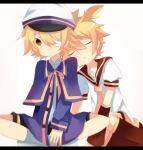 2boys arm_warmers black_shorts blonde_hair brown_serafuku closed_eyes crossed_legs dress_shirt eyepatch gauze hat head_on_another&#039;s_shoulder high_ponytail highres implied_yaoi kagamine_len leaning_on_person leg_warmers male_focus meranoreuka_(naokentak) messy_hair multiple_boys neck_ribbon necktie oliver_(vocaloid) one_eye_covered open_mouth ponytail ribbon sailor sailor_hat school_uniform serafuku shirt short_hair short_ponytail shorts sitting socks vocaloid white_shirt white_socks yaoi yellow_eyes yellow_necktie yellow_ribbon 