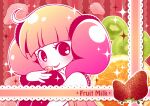  1girl bangs blunt_bangs english_text eyelashes food fruit heart heart_in_eye icing kiwi_(fruit) kiwi_slice milk_(pop&#039;n_music) orange_(fruit) orange_slice pink_hair pop&#039;n_music red_background sepia_(sepia_la_mode) sitting solo strawberry striped striped_background symbol_in_eye tongue tongue_out twintails 