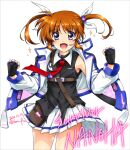  1girl artist_name black_gloves blue_eyes blush breasts brown_hair dated fingerless_gloves gloves hair_ribbon highres looking_at_viewer lyrical_nanoha mahou_shoujo_lyrical_nanoha mahou_shoujo_lyrical_nanoha_a&#039;s miniskirt open_mouth ribbon san-pon simple_background skirt small_breasts smile solo takamachi_nanoha twintails white_background white_skirt 