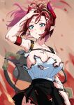 1girl absurdres areola_slip arm_belt armpits bangs blue_archive blue_eyes breasts burnt_clothes cleavage demon_horns demon_tail gas_tank halo hand_in_own_hair hand_up highres hizikit horns impossible_clothes large_breasts megu_(blue_archive) pointy_ears ponytail red_hair red_horns ribbed_tank_top sidelocks standing sweat swept_bangs tail 