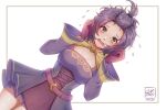  1girl bernadetta_von_varley breasts cleavage commentary cowboy_shot dress fire_emblem fire_emblem:_three_houses fire_emblem_warriors:_three_hopes flying_sweatdrops front_ponytail gloves grey_eyes hands_up highres large_breasts long_sleeves looking_at_viewer official_alternate_costume official_alternate_hairstyle open_mouth purple_dress purple_gloves purple_hair short_dress short_hair smkittykat solo standing thighs white_background 