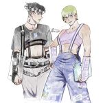  1boy 1girl belt black_hair blue_eyes blue_pants breasts checkered_clothes commentary crop_top diamond_wa_kudakenai earrings elbow_gloves fingerless_gloves foo_fighters frown gloves green_eyes green_hair green_lips headband hot_water_bottle jewelry jojo_no_kimyou_na_bouken kishibe_rohan midriff mm_jjba navel pants patchwork_clothes short_hair small_breasts smile sports_bra stone_ocean suspenders 