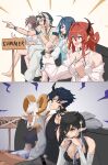  2boys 5girls absurdres animal_ears arknights black_eyes black_hair blacknight_(arknights) blacknight_(summer_flowers)_(arknights) blue_hair bracelet breasts brown_eyes brown_hair carnelian_(arknights) carnelian_(shining_dew)_(arknights) cleavage clenched_hand closed_mouth crossed_legs dark-skinned_female dark_skin disappointed elysium_(arknights) elysium_(shining_dew)_(arknights) eyewear_on_head flamebringer_(arknights) flamebringer_(holiday)_(arknights) frown gaijin_4koma_(meme) hands_on_own_chin highres horns jewelry la_pluma_(arknights) la_pluma_(summer_flowers)_(arknights) long_hair medium_breasts meme multiple_boys multiple_girls open_mouth pointing pointy_ears red_hair roberta_(arknights) roberta_(summer_flowers)_(arknights) short_hair sign sitting sunglasses surtr_(arknights) surtr_(colorful_wonderland)_(arknights) swimsuit toyyot white_hair yellow_eyes 