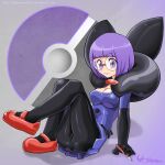  1girl ass bangs black_bow black_collar black_gloves black_pantyhose blunt_bangs bob_cut bow breasts cleavage collar crossed_legs darkness1999th elbow_gloves glasses gloves highres knees_up large_bow mary_janes pantyhose pokemon pokemon_(game) pokemon_bw purple_eyes purple_hair purple_skirt round_eyewear shauntal_(pokemon) shoes short_hair sitting skirt solo 