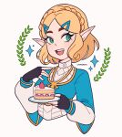  1girl black_gloves blonde_hair cake cake_slice cremanata fingerless_gloves food gloves green_eyes hair_ornament hairclip highres holding holding_food holding_plate looking_at_viewer medium_hair open_mouth plate pointy_ears princess_zelda simple_background teeth the_legend_of_zelda upper_body upper_teeth_only white_background 