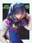  1boy arm_up border braid earrings green_eyes grey_hair highres hood hood_up jewelry jodio_joestar jojo_no_kimyou_na_bouken looking_at_viewer outside_border side_braid signature solo staryoruu the_jojolands upper_body white_border 