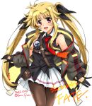  1girl artist_name bare_shoulders black_gloves blonde_hair blush breasts brown_pantyhose dated fate_testarossa gloves hair_ribbon highres long_hair looking_at_viewer lyrical_nanoha mahou_shoujo_lyrical_nanoha mahou_shoujo_lyrical_nanoha_a&#039;s miniskirt open_mouth pantyhose pleated_skirt red_eyes ribbon san-pon skirt small_breasts smile solo twintails white_skirt 
