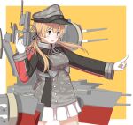  1girl adapted_turret aji_(ajinohirakisan) anchor_hair_ornament anchor_ornament aqua_eyes armor blonde_hair breastplate camouflage cannon cowboy_shot cross gloves hair_ornament hat iron_cross kantai_collection long_hair low_twintails machinery microskirt military military_hat military_uniform peaked_cap pleated_skirt pointing prinz_eugen_(kancolle) prinz_eugen_kai_(kancolle) skirt solo standing turret twintails uniform white_gloves white_skirt 