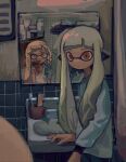 2girls agent_3_(splatoon) agent_3_(splatoon_3) bathroom blonde_hair blood blood_on_clothes blood_on_face braid closed_mouth cup dr_mice gloves green_hair headphones highres indoors inkling inkling_girl long_hair long_sleeves mirror multiple_girls orange_eyes pointy_ears reflection rubber_gloves shelf shirt side_braid sink sleeveless sleeveless_shirt splatoon_(series) splatoon_3 tentacle_hair tile_wall tiles toothbrush white_shirt 