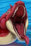  absurd_res ambiguous_gender artist_name bodily_fluids drooling feral generation_1_pokemon glistening glistening_eyes hi_res horn lapras looking_at_viewer mouth_shot nintendo open_mouth pokemon pokemon_(species) purple_eyes red_body red_horn red_tongue roobin saliva saliva_on_tongue saliva_string sharp_teeth solo teeth tongue tongue_out water_background yellow_body 