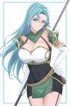  1girl aqua_hair armor black_dress bow braid breastplate breasts chloe_(fire_emblem) cleavage commentary covered_navel cowboy_shot dress elbow_gloves fire_emblem fire_emblem_engage garter_straps gloves green_eyes hair_bow highres large_breasts long_hair looking_at_viewer makanan orange_bow pauldrons pencil_dress shoulder_armor smile solo standing thighs very_long_hair white_background white_gloves 
