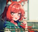  1990s_(style) 1girl animal_ears arknights bangs blurry blush bokeh bright_pupils depth_of_field english_text flametail_(arknights) highres hood hoodie index_finger_raised lattekoi5252 long_hair looking_at_viewer red_hair retro_artstyle smile solo upper_body window 