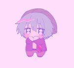  1boy aqua_hair beanie belt blush_stickers brown_footwear brown_pants chibi fringe_trim full_body hand_to_own_mouth hands_up hat hiyori_sou jacket kimi_ga_shine long_sleeves looking_at_viewer male_focus no_fingers no_nose pants pastel_colors pink_background polka_dot polka_dot_scarf purple_jacket red_scarf scarf shirt shoes short_hair solo uououoon yellow_shirt 