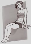  1girl bare_shoulders barefoot breasts cleavage clothes_around_waist collarbone commentary covered_nipples effy_neprin english_commentary full_body greyscale highres invisible_chair jill_valentine medium_breasts midriff miniskirt monochrome navel resident_evil resident_evil_3:_nemesis short_hair sitting sketch skirt smile solo strapless sweater sweater_around_waist tube_top 