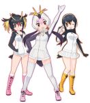  3girls animal_hood black_hair blonde_hair boots gentoo_penguin_(kemono_friends) grey_hair headphones highres hood hoodie kemono_friends kemono_friends_3 kneehighs long_hair looking_at_viewer multicolored_hair multiple_girls official_art one_eye_closed open_mouth penguin_girl penguin_hood penguin_tail red_eyes ribbon rockhopper_penguin_(kemono_friends) royal_penguin_(kemono_friends) skirt socks tail transparent_background twintails zipper 