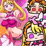  2girls :3 @_@ armpits blonde_hair blood blush blush_stickers breasts chibi crop_top cure_butterfly cure_wing groin hijiri_ageha hirogaru_sky!_precure impossible_clothes impossible_shirt jazz_jack lowres medium_breasts midriff miniskirt multicolored_hair multiple_girls navel nosebleed one_eye_closed orange_hair outstretched_arms pink_skirt precure purple_eyes red_eyes shirt skirt sleeveless sleeveless_shirt streaked_hair two-tone_hair wavy_mouth 