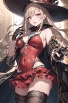  1girl bare_shoulders black_cape blonde_hair breasts cape cleavage collar covered_navel earrings fingerless_gloves frilled_skirt frills gloves hat highres inu_majin jewelry large_breasts long_hair original red_eyes skirt smile solo thighhighs thighs witch witch_hat 