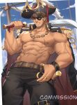  1boy abs absurdres bad_id bad_weibo_id bara bara_pirate belt biceps blonde_hair blurry blurry_background boat bracelet chain cloud cloudy_sky commentary commission eyepatch facial_hair gun hand_on_hip hat highres jacket jewelry large_pectorals long_sideburns looking_at_viewer machete male_focus muscular muscular_male necklace nipples open_clothes open_jacket original over_shoulder pants pectorals pirate pirate_hat red_eyes ring sailing scar scar_on_arm scar_on_chest scar_on_face scar_on_stomach shoulder_pads sideburns sky smile solo stomach stubble sword tan tekkowang thick_arms topless_male watercraft weapon weapon_over_shoulder 