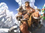  1boy abs alca_(wakatanka4) alternate_costume animal_ears armor axe bandages bara battle_axe beard black_hair blue_sky bracer brown_shorts chest_hair cloud cloudy_sky facial_hair foot_out_of_frame fur_trim gyee highres jewelry large_pectorals leg_belt leg_hair lion_boy lion_ears lion_tail looking_to_the_side male_focus mature_male mountain muscular muscular_male navel necklace original outdoors pauldrons pectorals pelvic_curtain rainbow rock shoes short_hair shorts shoulder_armor single_pauldron sitting sky smirk solo spread_legs stomach tail tekkowang thick_eyebrows thick_thighs thighs tooth_necklace undercut weapon 