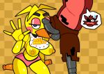  4_fingers animatronic anthro areola avian balls beak bib big_breasts bird blue_eyes breasts brown_background brown_body canid canine checkered_background chicken clothing crushtrap duo exposed_endoskeleton eye_patch eyelashes eyeshadow eyewear female fingers five_nights_at_freddy&#039;s five_nights_at_freddy&#039;s_2 fox galliform gallus_(genus) genitals gesture head_feathers head_tuft kneeling looking_at_viewer machine makeup male mammal nipples panties pattern_background penis penis_on_face phasianid pink_clothing pink_eyeshadow pink_panties pink_underwear robot rosy_cheeks scottgames simple_background thick_thighs toy_chica_(fnaf) tuft underwear waving waving_at_viewer wide_hips withered_foxy_(fnaf) yellow_areola yellow_nipples 